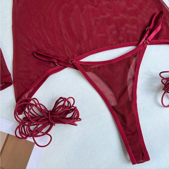 Red Sheer Lingerie Dress + Panties + Gloves Strap Set - Picture 8 of 8